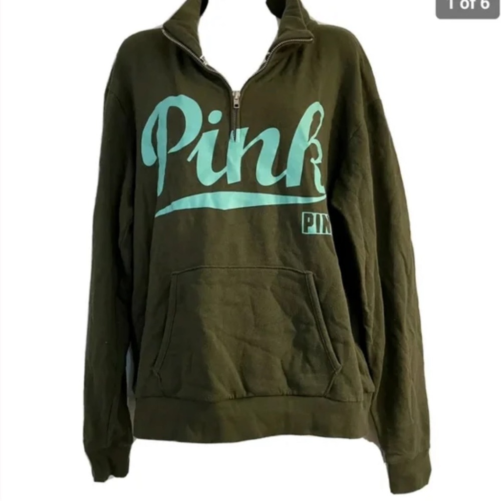 Victoria’s Secret Pink Army Green Logo Collared Quarter Zip Sweater Jacket XS